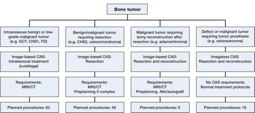 Figure 1. Flow chart showing the decision-making process on CAS use, requirements per technique, and planned procedures per technique. From left to right: intralesional treatment with a navigated curette, image-based resection, image-based resection and reconstruction, and imageless resection and reconstruction.