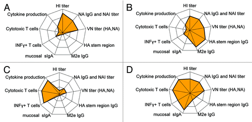 Figure 2. Connectograms showing both type and strength of a spectrum of immune responses induced by principally different influenza vaccine concepts: (A) Classical split or subunit vaccines mostly inducing vaccine specific HA and NA antibodies, (B) Vaccines specifically targeting a more broad antibody response with potential for cross-protection, (C) Vaccines specifically targeting conserved antigens for cross-reactive T cell responses, and (D) LAIV covering a broad range of both humoral and cellular immune responses.