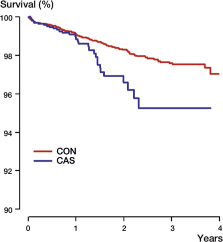 Figure 2. Cox regression survival curves of computer-navigated (CAS) and conventionally operated (CON) primary total knee replacements, without patella resurfacing, reported to the Norwegian Arthroplasty Register 2005–2008.