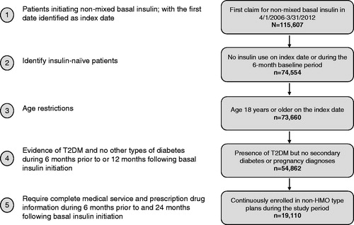 Figure 1. Sample selection and resulting patient counts. HMO = health maintenance organization; Non-mixed basal insulin are insulin detemir, glargine, and NPH (neutral protamine Hagedorn) insulin; T2DM was identified using ICD-9 CM codes 250.x0 and 250.x2; T1DM was identified using ICD-9 CM codes 250.x1 and 250.x3, secondary diabetes as ICD-9 CM: 249.xx, and pregnancy as ICD-9 CM: 630.xx – 679.xx, V22.xx – V24.xx, V27.xx, V29.xx.