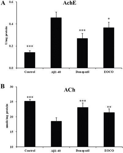 Figure 5.  Effects of EOCO on AchE activity (A) and ACh content (B) in Aβ1–40-injured rats. Results are expressed as the means ± S.D. (n = 7); *p < 0.05, **p < 0.01, ***p < 0.001, significantly different from only Aβ1–40-treated group. Statistical significance was tested with the unpaired Student’s t-test.