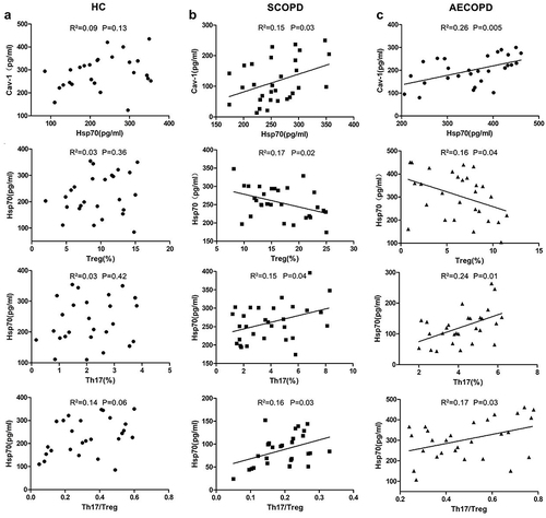 Figure 2 Correlation of serum Hsp70 levels with serum Cav-1 expression and immune parameters of patients with COPD. Correlation between serum levels of Hsp70 and Cav-1 expression, Th17 or Treg cells frequency and the ratio of Th17/Treg cells in (a) HC group (n=26), (b) SCOPD group (n=28), and (c) AECOPD group (n=30). Each symbol represents an individual subject.