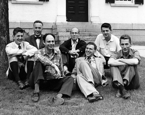 Figure 2. The Dartmouth Workshop. In the back row from left to right are Oliver Selfridge, Nathaniel Rochester, Marvin Minsky, and John McCarthy. In front on the left is Ray Solomonoff; on the right, Claude Shannon. The identity of the person between Solomonoff and Shannon remained a mystery for some time. (photo: Margaret Minsky found in (Solomonoff, Citation2023)).
