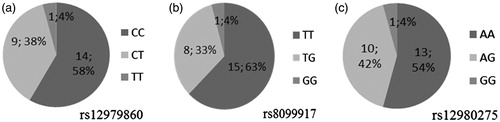 Figure 1. Distribution of the frequencies of rs12979860 (a), rs8099917 (b), and rs12980275 (c) genotypes in the study participants.