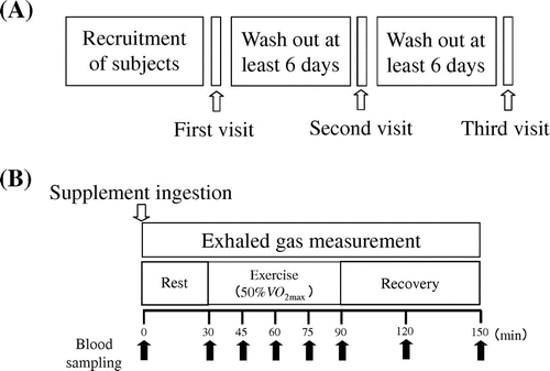 Fig. 1. Study design: Study schedule (A) and schedule on experimental trial days (Visit 2 and Visit 3; B).