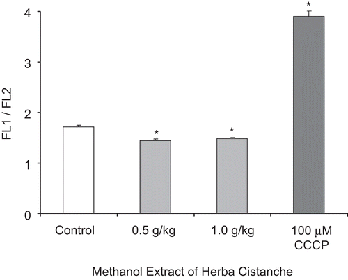 Figure 4.  A methanol extract of Herba Cistanche affects mitochondrial membrane potential in rat hearts. Rats were fed a methanol extract of Herba Cistanche at 0.5 g/kg and 1.0 g/kg for 3 days. Mitochondrial ΔΨm values were measured as described in “Materials and methods.” Each bar represents mean ± SEM, with five animals/group. *Significantly different from untreated control group.
