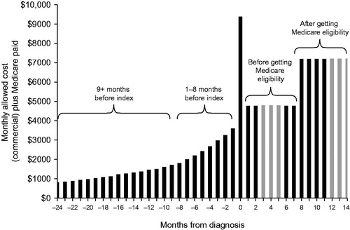 Figure 4. ALS costs during insurance transition. The light grey bars represent costs between coverage stages – for example, after diagnosis and until Medicare eligibility, or after getting eligibility.