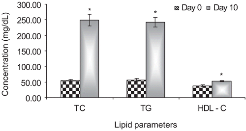 Figure 1.  Effect of high fat diet on serum lipid profile in rats at the end of 10 days of induction period. Bars represents mean ± SEM of the concentration (mg dL−1) of each of the parameters on day 0 (basal value) and day 10 (induction value) for the 36 rats included in the study. *p < 0.05, induction values compared against basal values. TC, total cholesterol; TG, triglyceride; HDL – C, high density lipoprotein – cholesterol.