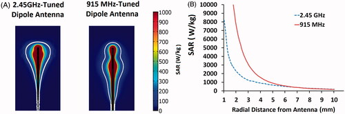 Figure 2. (A) Numerical modelling demonstrating nearly equivalent maximum ablation zone diameters between dipole antenna designs emitting power at 2.45 GHz (right) and 915 MHz (left). The colour bars represent the heating rate from 0--1000 W/kg. The white line iso-contour gives a visual approximation to the ablation heating zone. (B) The heating rate normalised by density, also known as the specific absorption rate (SAR). Microwave antenna performance at the two frequencies shows nearly equivalent SARs at radial distances 7 mm from the antenna.
