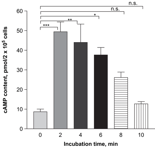 Figure 4.  Time-dependent effect of TC (1 mg/mL) on cAMP level of RPMC. RPMC (2 × 105 cells/mL) were preincubated with test samples at 37°C for 10 min prior to incubation with compound 48/80 (5 mg/mL). Each datum represents the mean ± SEM of three independent experiments. ***p < 0.001; **p < 0.01; *p < 0.05; n.s., not significant compared to saline value.