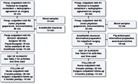 Figure: Flowchart of various procedures before, during, and after outpatient TJA in a central operation ward (left) and an ambulatory surgery department (right)