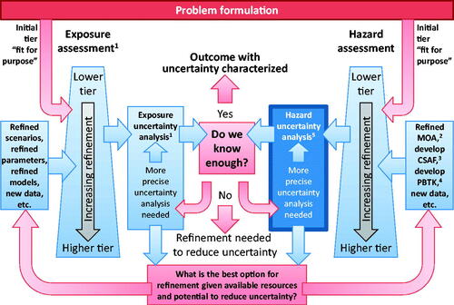 Figure 2. Relationship of the consideration of uncertainty relevant to problem formulation and tiered assessment (amended from WHO/IPCS Citation2014).