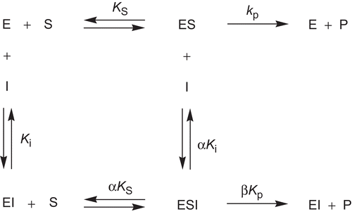 Figure 3.  Kinetic model for the interaction of hyperbolic mixed-type inhibitors with Electrophorus electricus acetylcholinesterase. ES, enzyme-substrate complex; ESI, enzyme-substrate-inhibitor complex; EI, enzyme-inhibitor complex.