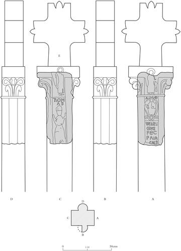 Fig. 9. The Godmanchester cross: reconstruction based on Fig. 8Drawing: Dave Watt, copyright authors