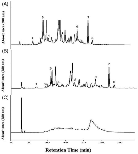 Figure 2. High performance of liquid chromatogram (HPLC) of EtAOc extract (A), NCTF (B) and CTF (C). 1 = gallic acid, 2 = catechin, 3 = epicatechin, 4 = caffeic acid, 5 = coumuric acid, 6 = myricetin, 7 = quercetin, and 8 = cinnamic acid. HPLC Running Condition: Mobile phase- 2.5% (v/v) acetic acid water solution (solvent A) and acetonitrile (solvent B). The gradient program consisted of 3% B, initially, changing to 21% B after 4 min, was maintained at 21% B until 10 min and raised to 22% B after 11 min, was maintained at 22% B until 15 min and raised to 30% B after 16 min, was increased to 50% B after 15 min and raised to 80% B after 15 min, and was maintained at 100% B until 40 min and then reduced to 3% B after 45 min. The injection volume of all the samples was 20 μL. Simultaneous monitoring was performed at 280 nm, and the flow rate was 0.8 mL/min.