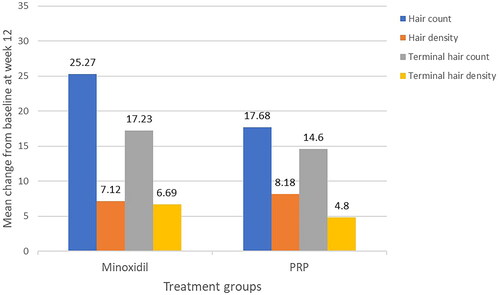 Figure 4. Mean change from baseline in target area total hair count, density and terminal hair count at week 12 for minoxidil and PRP groups.