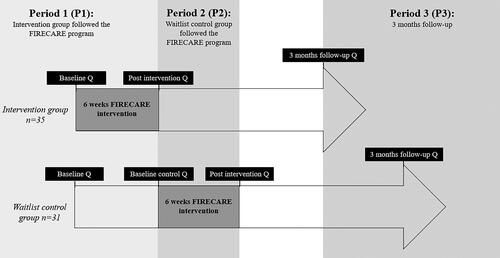 Figure 1. Periods of interest during the program. P1 represents the first period in which the intervention group followed FIRECARE, and the control group was waitlisted, P2 represents the second period in which the waitlist control group followed FIRECARE. P3 is defined as three-month follow-up for the intervention group and the waitlist control group.
