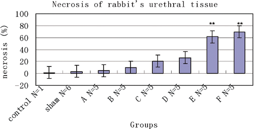 Figure 4. Mean necrosis percentages measured histologically in control (N = 1), sham-treated (N = 6) and RF-treated groups (N = 5/group). Also shown are results from untreated control animal (N = 1) for comparison. **P < 0.01.