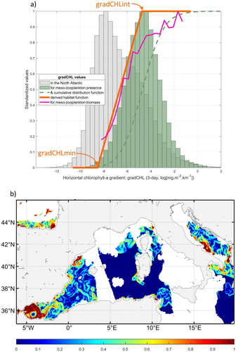 Figure 3.1.3. (a) Standardised frequencies of relative units of chlorophyll-a horizontal gradient (gradCHL; log-transformed) for the whole North Atlantic (background grey histogram) and only for locations where mesozooplankton are present (green histogram, 3-day mean values around the observation day were chosen to increase the number of matching points). The maximum slope of the cumulative distribution of mesozooplankton presence (green dashed line) was used to define the daily habitat linear function (orange line). The mean mesozooplankton biomass (pink line, relative unit) is superimposed. Compared to Druon et al. (Citation2019), this plot represents the latest calibration using the chlorophyll-a data reprocessed by NASA in 2018 (gradCHLmin = 0.0002 mg m−3 km−1, gradCHLint = 0.00876 mg m−3 km−1). (b) Example of daily mesozooplankton habitat for 18 July 2019 in the western Mediterranean Sea derived from the chlorophyll-a gradient (continuity of Figure 3.1.2c) (also including 0.089 < CHL < 10.0 mg.m−3). See also Table 3.1.1.