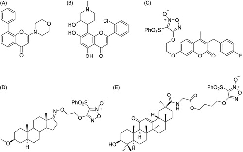 Figure 1. The chemical structures of reported chromone and furoxan derivatives. (A,B) Chromone derivatives; (C–E) furoxan-based NO donor derivatives.