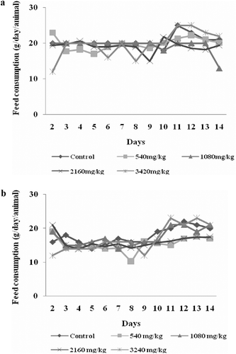 Figure 1.  (a) Changes in feed consumption of male rats in acute toxicity study. (b) Changes in feed consumption of female rats in acute toxicity study.