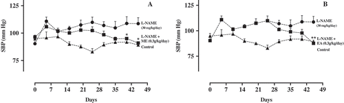 Figure 5. Systolic blood pressure (mm Hg) of mice treated with water (control, 1 ml/0.1 kg/day, n = 5) or treated with L-NAME (30 mg/kg/day, n = 5). After the hypertension was established, a group of mice was treated with ME (a) or EA (b) of M. oleifera (300 mg/kg/day, n = 5). Data are represented as means ± SEM. *Significantly different from L-NAME-treated mice.