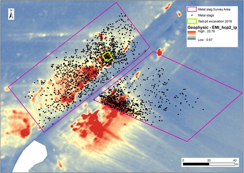 Figure 2. Location of the test-pit within the concentration of high electric values in geophysical EMI-survey and related to the scattering of iron slags found at the surface of the site. (Copyright: Ghent University).