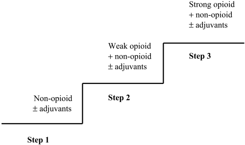 Figure 3 World Health Organisation three step analgesic ladder (CitationWHO 1996). Non opioids include paracetamol and NSAIDs; weak opioids include codeine (approx. 1/10th potency of oral morphine) and tramadol (approx. 1/5th potency of oral morphine); strong opioids include morphine, oxycodone and fentanyl; adjuvants are additional drugs that can be used as part of pain management, such as secondary analgesics (eg. gabapentin for neuropathic pain) and drugs to control analgesic adverse effects.