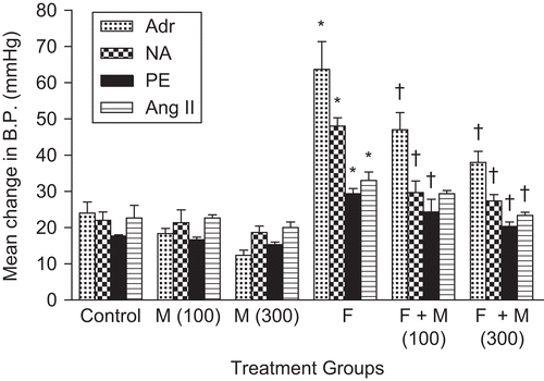 Figure 2.  Mean change in blood pressure (B.P.) with various drugs: adrenaline (Adr, 1 µg/kg), noradrenaline (NA, 1 µg/kg), phenylephrine (PE, 1 µg/kg), and angiotensin II (Ang II, 25 ng/kg) in rats. Data are expressed as mean ± SEM. *p < 0.05 when compared to control and †p < 0.05 when compared to fructose-treated group. F, fructose; M, myricetin.