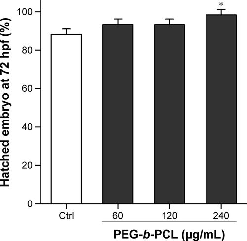 Figure S1 Effect of PEG-b-PCL nano-micelle on embryo hatch.Notes: Embryos were exposed to 0, 60, 120, and 240 μg/mL PEG-b-PCL nano-micelles. At 72 hpf, hatched embryos were counted. Data are expressed as mean ± SEM from three independent experiments (n=60), *P<0.05.Abbreviations: hpf, hours postfertilization; PEG-b-PCL, poly(ethylene glycol)-b-poly(ε-caprolactone); SEM, standard error of mean.