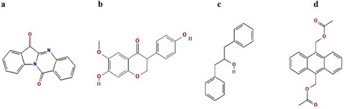 Figure 6. The chemical structures of four key SMs against NAFLD in the study. (a) tryptanthrin. (b) dihydroglycitein. (c) 1,3-diphenylpropan-2-ol. (d) (10[(acetyloxy)methyl]-9-anthryl)methyl acetate.