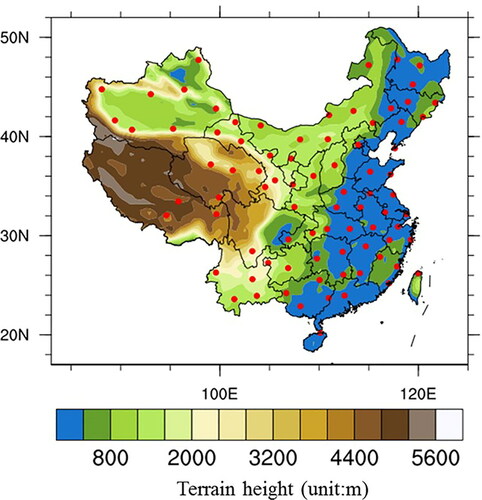 Fig. 1. Spatial distribution of 82 national meteorological stations in China (red solid circle).