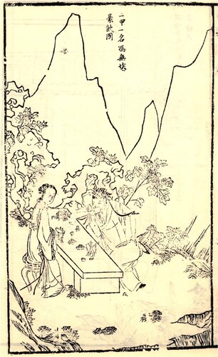 Fig. 2. 豪飲圖 Changyin Tu, “An Illustration of Cheerful Drinking.”Footnote116 The text in the picture indicates that this is “Number one in the First class, Feng Wu-ai 馮無埃.”Footnote117 Situated on the left, the courtesan is smiling as she watches the man sitting opposite, with drinking cups in front of them. This is an outdoor setting, judging by the trees and the mountains behind.Source: Wanyuzi 宛瑜子. Wu Ji Bai Mei 吳姬百媚 [Seductive Courtesans in Suzhou Area]. Beijing: Beijing Library Press, 2002.