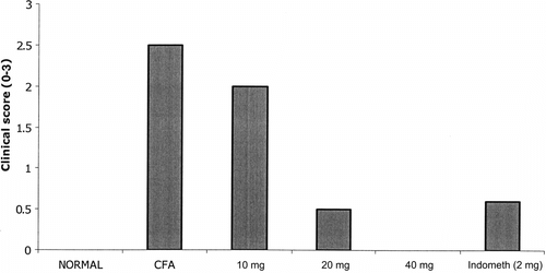 Figure 3 Five groups of Lewis rats were injected with 0.1 ml of Freund's complete adjuvant on day 0 to induce AIA. First group (control) was treated with olive oil alone. The four groups the rats were treated i.p. with PZE (10, 20, 40 mg) or indomethacin daily from day 0 to day 13. Normal group did not receive any treatment. Clinical score (0–3) was measured on day 14.