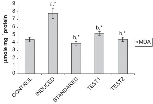 Figure 2.  Effect of CFA and GF on MDA levels in the liver of experimental animals. Values are expressed as mean ± SD for six animals. MDA levels are expressed as μmole 100mg−1protein. Comparisons are made between: Group I (a) and Group II; Group II (b) and III, IV, and V. *Statistically significant (p < 0.05).