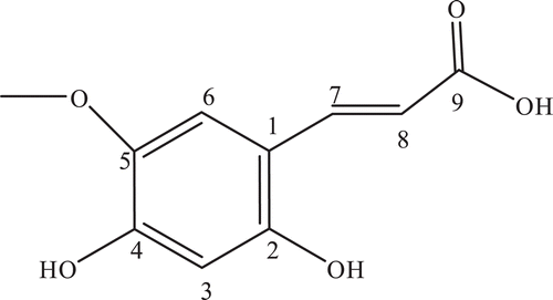 Figure 1.  Structure of compound 1 (2,4-dihydroxy, 5-methoxy-cinnamic acid, trans).