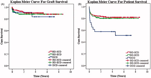 Figure 2 (A) Kaplan–Meier curve for graft survival in subgroups and (B) Kaplan–Meier curve for patient survival in subgroups.