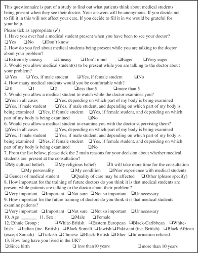 Figure 1. Questionnaire used in study.