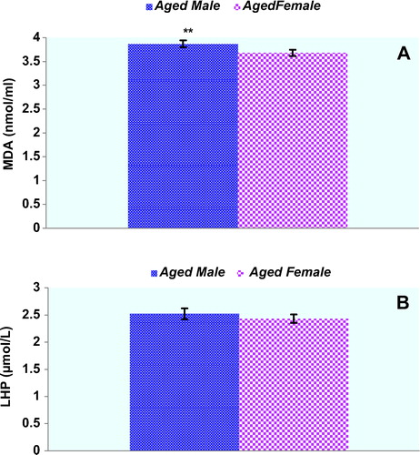 Figure 2.  Concentrations of the lipid peroxidation markers in the plasma of male (n = 9) and female (n = 9) aged rats. Results are expressed as mean ± SEM. Data are statistically different between genders. (**) p < 0.01. MDA: malondialdehyde; LHP: lipid hydroperoxides; pr: protein.