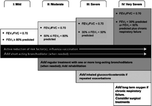 Figure 1  Management of patients with COPD by Stage (Citation2). *Reproduced with permission from the Global Strategy for the Diagnosis, Management, and Prevention of Chronic Obstructive Pulmonary Disease, Global Initiative for Chronic Obstructive Lung Disease (GOLD) 2011. Available from: http://www.goldcopd.org.