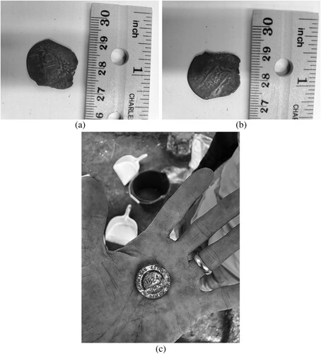 Figure 3 Spanish silver real recovered from Excavation Unit G3, Level 1: (a) Obverse. Based on minting execution and last two visible digits the coin dates to 1656 (Pradeau, Citation1938: 43–45, pls II, III); (b) Reverse; (c) 1824 button worn by labourers of the British Caymanas Estate located on or near White Marl. Photographs of the coin by Peter E. Siegel and the button by Zachary J. M. Beier.Images courtesy of the Jamaica National Heritage Trust
