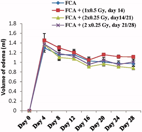Figure 1. Effect of different low dose radiation exposure regimens on the paw volume in FCA-induced arthritic rats. Rats were exposed to a total exposure level of 0.5 Gy applied either single (1 × 0.5 Gy at day 14) or split (2 × 0.25 Gy at days 14&21 or at days 21&28). Results are expressed as mean volume of edema ± SEM (n = 8/group).