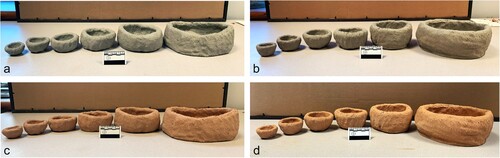 Figure 1. Examples of pottery vessels produced for the experiment: (a) grit-tempered bowls pre-firing; (b) limestone-tempered bowls pre-firing; (c) grit-tempered bowls post-firing; (d) limestone-tempered bowls post-firing.
