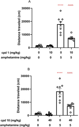 Figure 9. Influence of compounds 1 and 10 on hyperactivity induced by amphetamine in mice. Appropriate treatment groups received 10 mg/kg compound 1 (n = 8, i.p.), 40 mg/kg compound 10 (n = 8), 5 mg/kg amphetamine (n = 8, s.c.), 10 mg/kg compound 1 co-administered with amphetamine (n = 8), 40 mg/kg compound 10 co-injected with 5 mg/kg amphetamine (n = 8), and vehicle (n = 8) indicated as 0. Animals were injected with each compound or vehicle and received the second injection with vehicle or amphetamine 30 min after the first injection. The spontaneous locomotor activity was recorded for 30 min after the second injection. Data are presented as the mean ± SEM of the distance travelled (cm) by the mouse. Bonferroni’s post hoc test results: ****p < 0.0001 amphetamine vs. the control group and ^^^^p < 0.0001 for compound 1 or compound 10 co-administered with amphetamine vs. amphetamine-treated group (presented in panels A and B, respectively).