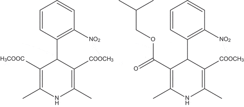 Figure 2. Nifedipine (dimethyl 2,6-dimethyl-4-(2-nitrophenyl)-1,4-dihydropyridine-3,5-dicarboxylate) and nisoldpine (3-isobutyl 5-methyl 2,6-dimethyl-4-(2-nitrophenyl)-1,4-dihydropyridine-3,5-dicarboxylate).