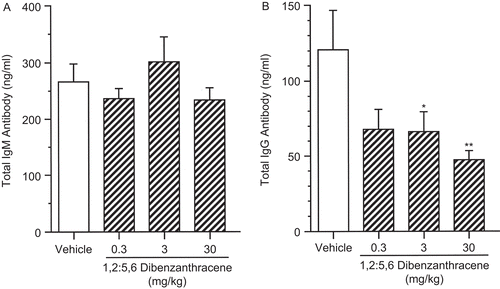 Figure 8.   Lipopolysaccharide (LPS) stimulated IgM and IgG production by splenocytes following a single pharyngeal aspiration (pa) of 1,2:5,6-dibenzanthracene (DBA). Mice received DBA (0.3–30.0 mg/kg) or vehicle (VH) in a single pa. On the day of euthanization, splenocytes were co-cultured in microtiter wells with 100 μg/mL LPS at 37°C for 24 h. Supernatant was evaluated for IgM and IgG protein levels. The data are expressed as (A) mean IgM (ng/mL) and (B) mean IgG (ng/mL). Values represent the mean (± SE) derived from n = 8 animals except in the 30 mg/kg in (B), where n = 7; *p < 0.05, **p < 0.01.