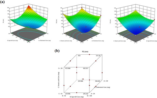 Figure 3. (a) Response 3D plots and (b) cube plot for the effect of cholesterol (X1), Span 60 (X2) and stearic acid (X3) concentrations on the particle size (Y2).