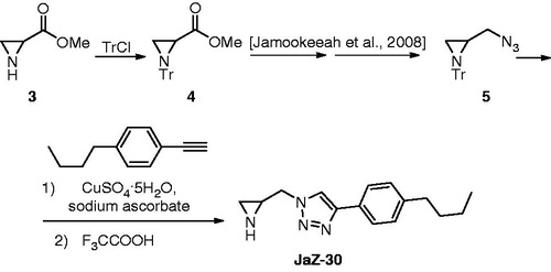 Figure 2. Synthesis of 1-(aziridin-2-ylmethyl)-4-(4-butylphenyl)-1H-1,2,3-triazole (JaZ-30). Details see in Materials and methods section.