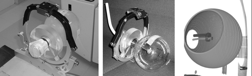 Figure 2.  From left: gel filled phantom with the stereotactic frame in the treatment position on the accelerator. Phantom with LIC mounted. 3D reconstruction from the CT study of the phantom with the LIC.