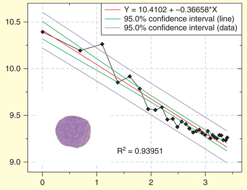 Figure 7. Regression plot of the fractal determination in a blast nucleus of another patient with acute precursor B lymphoblastic leukemia. In this case the y values of the measured values (diamonds) are more distant to the calculated (ideal) regression curve. The goodness-of-fit (R2 = 0.9395) shows that the observed structure is more distant to an ideal fractal than in Figure 6. Scaling window: 200 nm–6.000 nm.